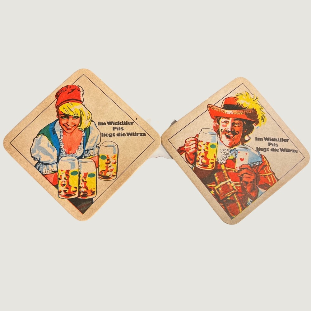 Wicküler Pils Set of 2 Beer Coasters Tan Vintage German Brewery Barware